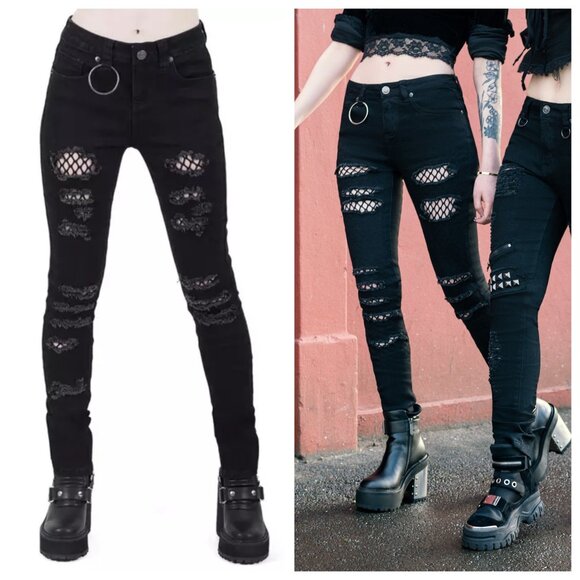 Killstar Trash Talk Skinny Jeans O-Ring Fishnet Distressed Goth Black Size XS - Picture 2 of 15